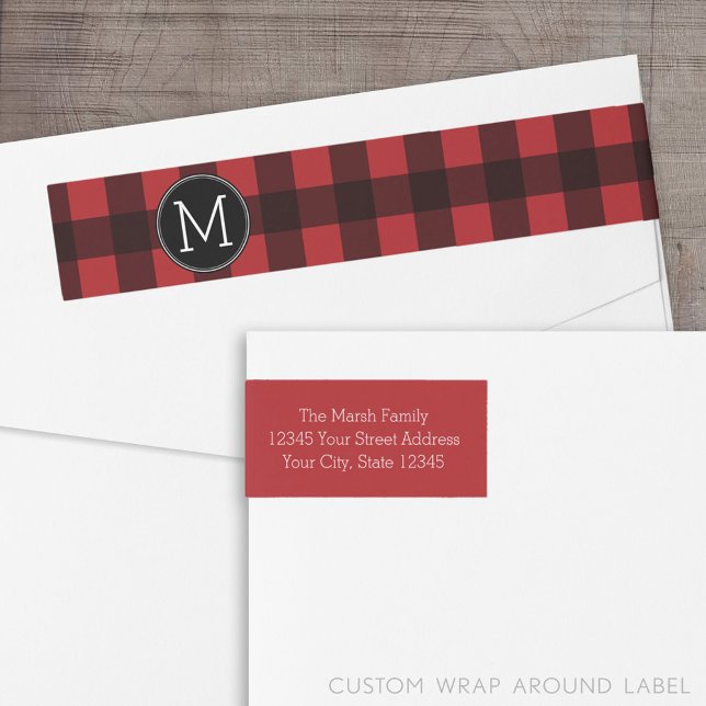 Bande Pour Adresse De Retour Monogramme de Motif de buffle rouge et noir rustiq (Custom Return Address Label with a Wrap Around Feature)