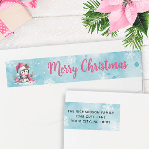 Bande Pour Adresse De Retour Pingouin rose neigeux joyeux Noël Adresse