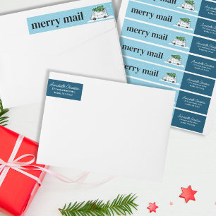 Bande Pour Adresse De Retour Retro Van Merry Mail Noël Arbre Neige hiver