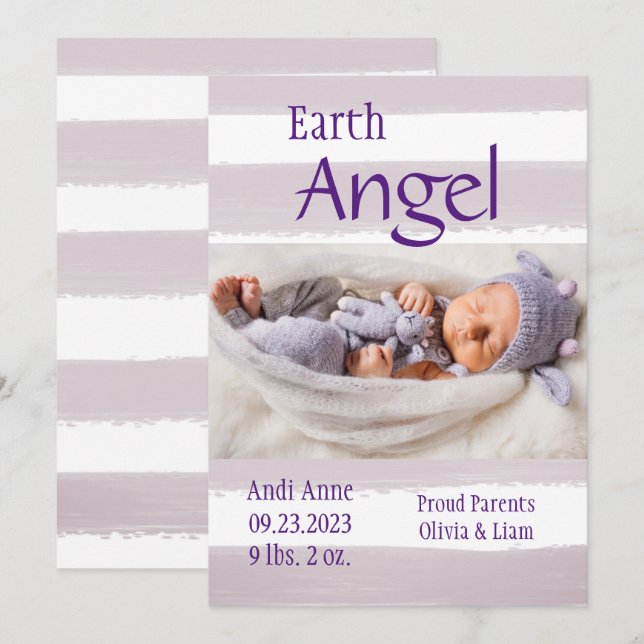 Bande violette Photo Earth Angel Faire-part de nai (Devant / Derrière)