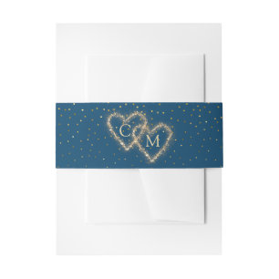 Bandeau De Faire-part Aquarelle bleue Coeurs dorés Monogramme Mariage