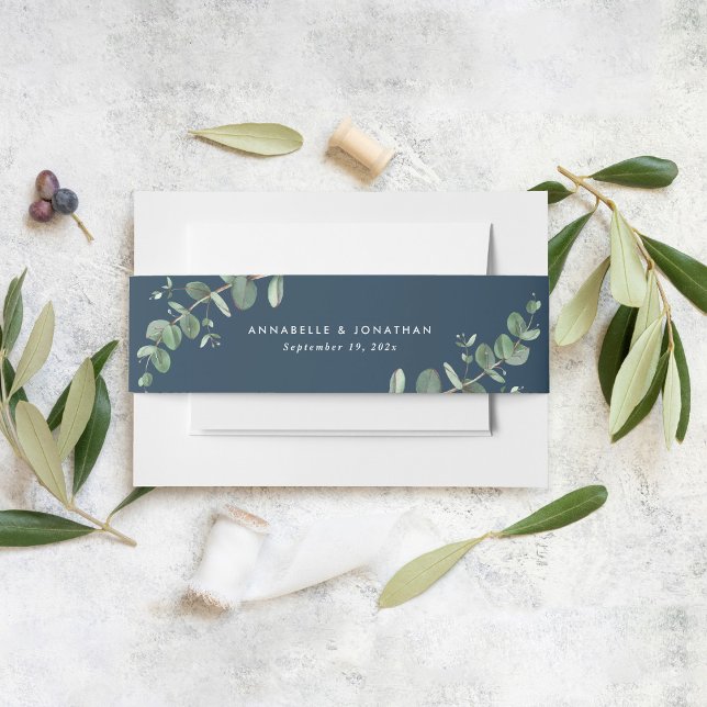 Bandeau De Faire-part Beau délicat eucalyptus mariage bleu marine (Créateur téléchargé)