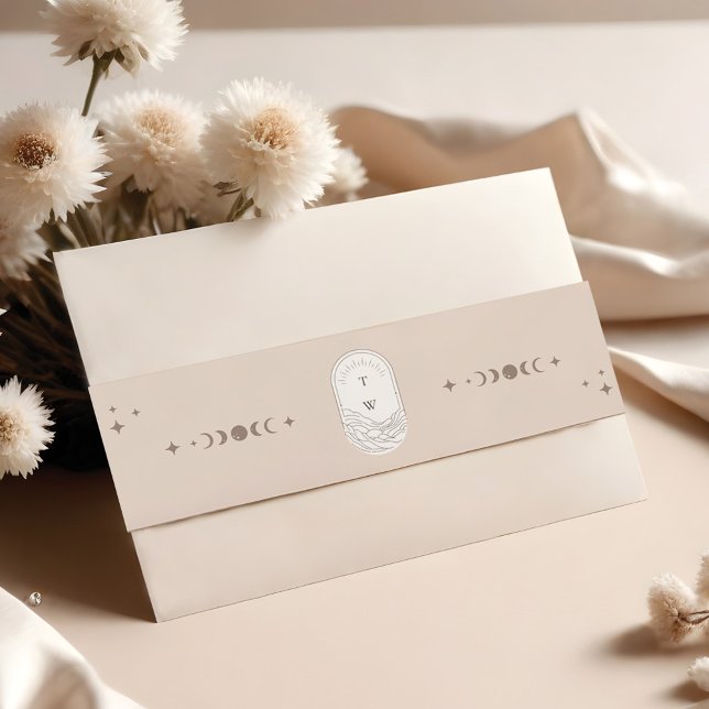 Bandeau De Faire-part Boho Céleste Lune Étoiles Monogramme Holistique (Boho Celestial Moon Stars Monogram Holistic Invitation Belly Band)