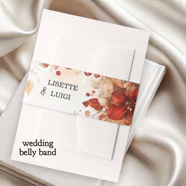 Bandeau De Faire-part Boho Chic Italien Rouge Floral Mariage (Elegant boho chic wedding invitation belly band showing a watercolor painting of Italian red flowers)