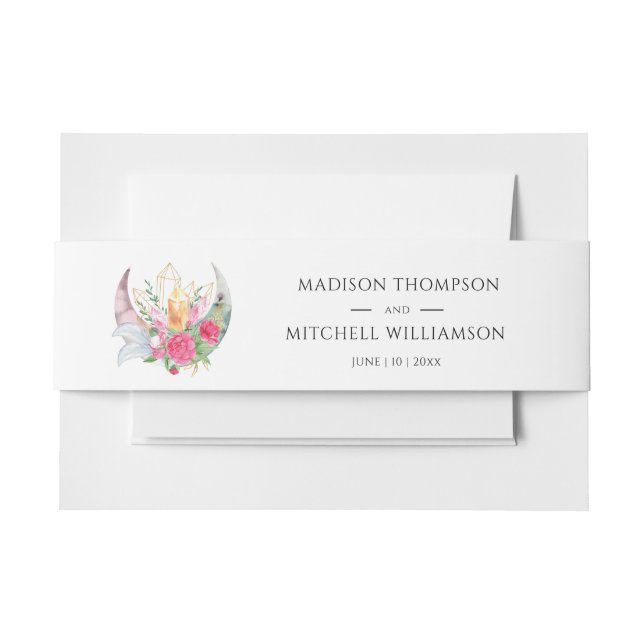 Bandeau De Faire-part Boho Moon Crystals Plumes rose Fleurs Mariage (Devant Example)
