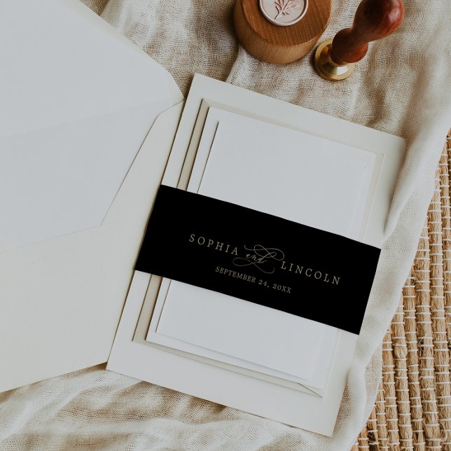 Bandeau De Faire-part Calligraphie d'or romantique | Black Flourish Mari (Créateur téléchargé)