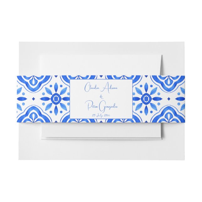 Bandeau De Faire-part Carreaux bleus Bougainvillea citrons mariage éléga (Devant Example)