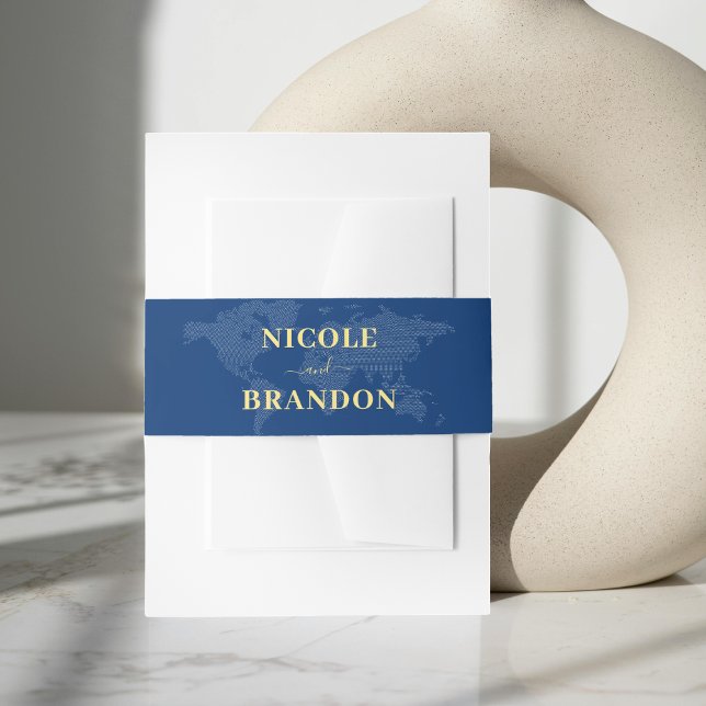 Bandeau De Faire-part Carte du monde bleu Destination Mariage (Blue World Map Destination Wedding Invitation Belly Band)