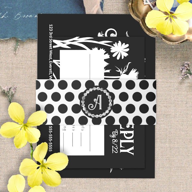 Bandeau De Faire-part Cartes de boîtier Bat mitzvah Polka Noir Blanc (black and white polka dot belly bands with monogram for black bat mitzvah invitations)