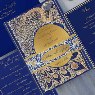 Bandeau De Faire-part Cérémonie indienne hindou du Mariage Blue Gold Pea