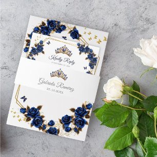 Bandeau De Faire-part Couronne de Quinceañera Bleu Nuit Dorée