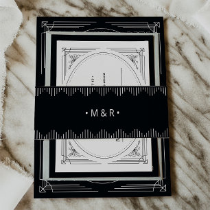 Bandeau De Faire-part Déco moderne Elégant Onyx noir avec Monogrammes