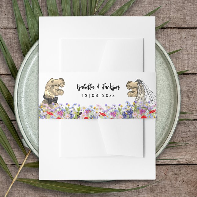 Bandeau De Faire-part Dinosaur Thème Mariage Fleur sauvage (Dinosaur themed wedding T-Rex bride and groom in colorful wildflower meadow custom belly bands)