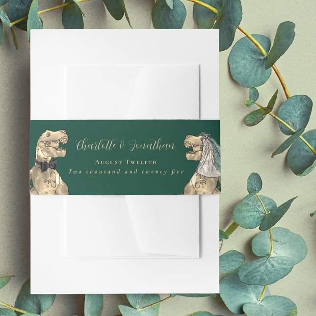 Bandeau De Faire-part Dinosaur thème Mariage personnalisé (Dinosaur wedding dark green invitation custom belly bands T-Rex dino bride and groom elegant script)
