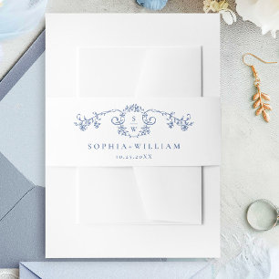 Bandeau De Faire-part Elégant Bleu Toile Français Jardin Fleurs Mariage