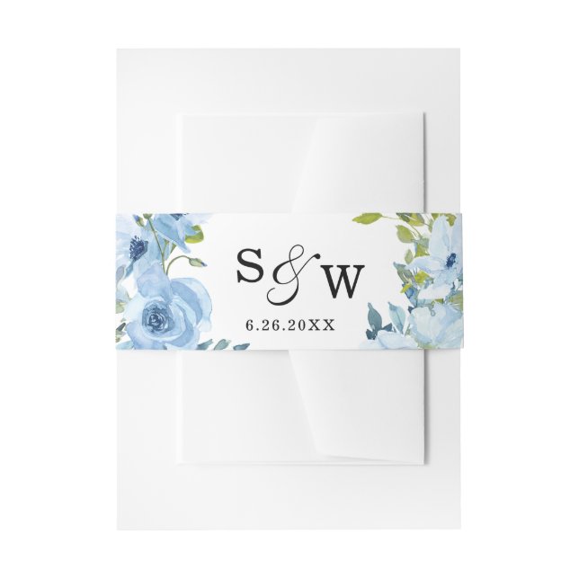 Bandeau De Faire-part Élégant Floral Dusty Blue Invitation Belly Band (Devant example)