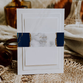 Bandeau De Faire-part Élégant mariage bleu marine agate dorée marbre