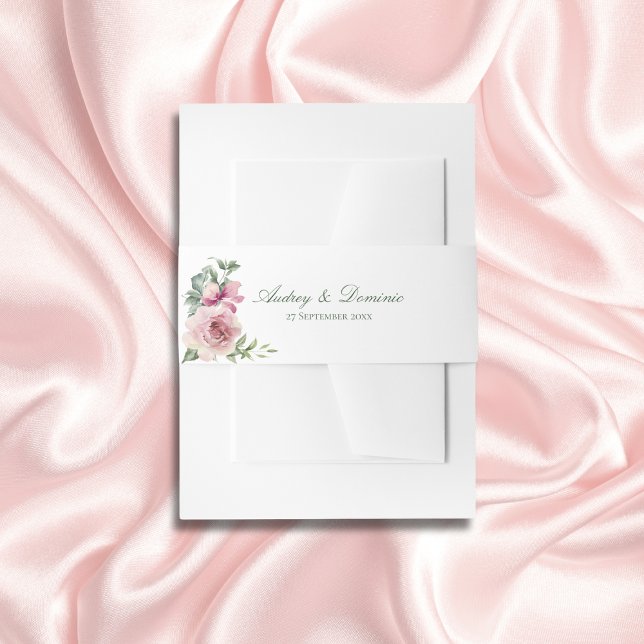 Bandeau De Faire-part Élégant Mariage botanique de roses roses florales (Elegant floral wedding invitation belly band with pink roses and greenery for rustic garden weddings)