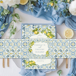 Bandeau De Faire-part Élégant Mariage citron en carrelage bleu italien