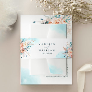 Bandeau De Faire-part Elégante aquarelle Turquoise et fleurs de saumons 