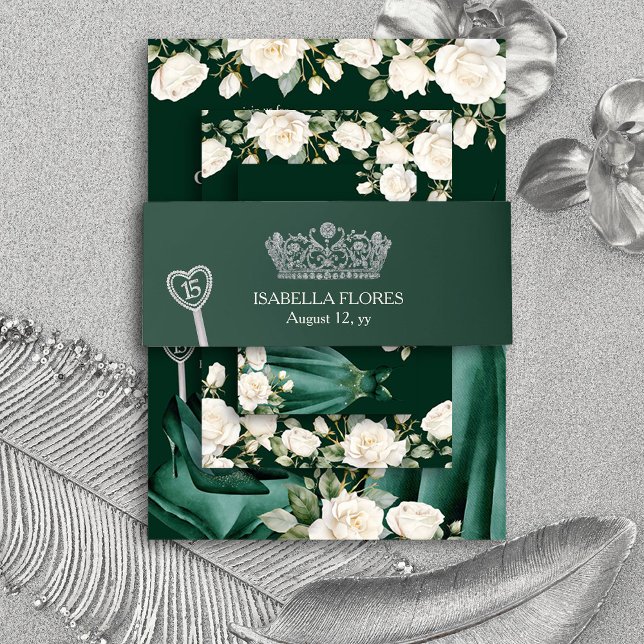 Bandeau De Faire-part Elégante Quinceanera Verte Tiara 15e anniversaire (Quinceanera Belly Bands from the Princess Dress and Roses Quinceanera Collection by Darling & May)