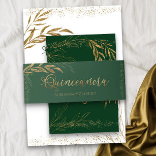 Bandeau De Faire-part Emerald Green Gold Leaf et Confetti Quinceanera