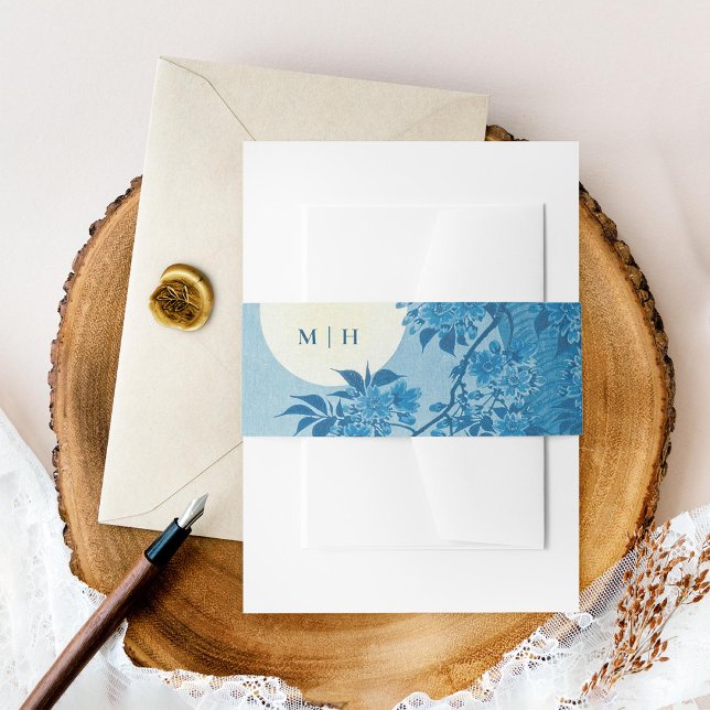 Bandeau De Faire-part Fleur de cerisier bleu japonais antique (Créateur téléchargé)