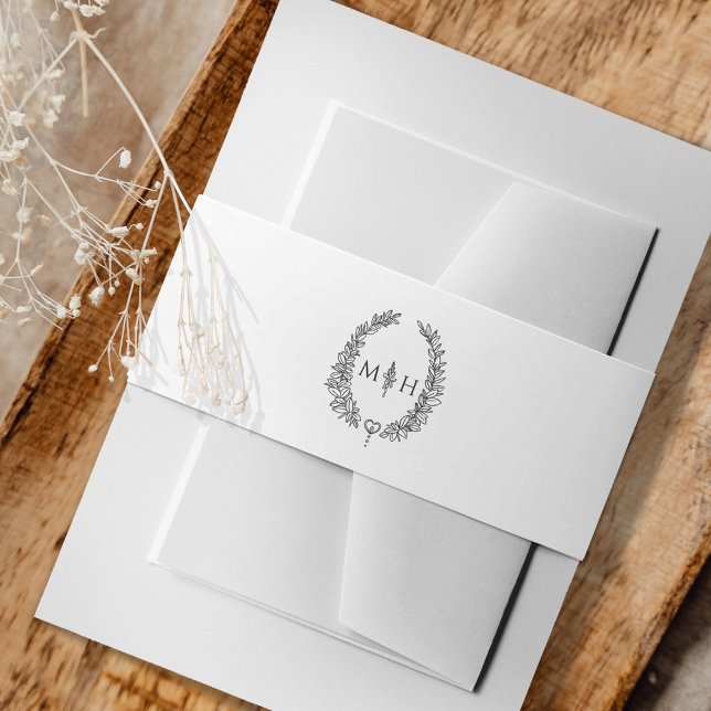 Bandeau De Faire-part Image monogramme feuille dessin gris foncé sur bla (Créateur téléchargé)