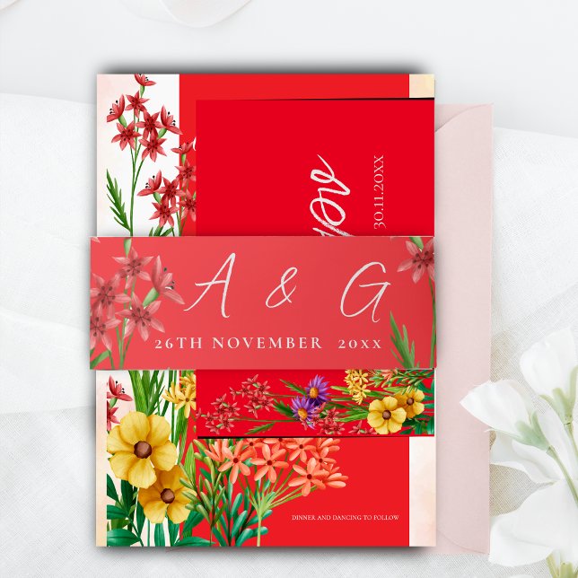 Bandeau De Faire-part Joli Fleur sauvage Monogramme  Mariage de script (Pretty Orange Wildflowers Monogram Script Wedding Invitation Belly Band)