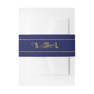 Bandeau De Faire-part Livre bleu Tissu d'or fleurir Monogramme Mariage