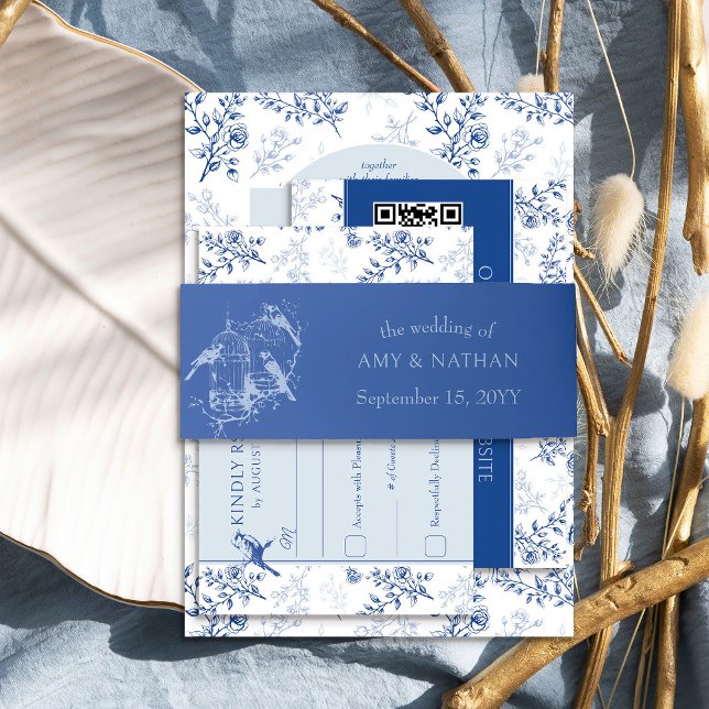 Bandeau De Faire-part Mariage Blue Birdcage (Blue wedding invitation belly bands from the Chinoiserie Wedding Collection by Darling & May)