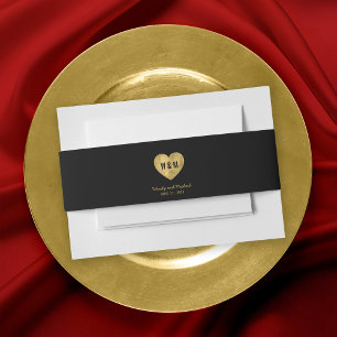 Bandeau De Faire-part Mariage Coeur en Faux Or Monogramme Noir