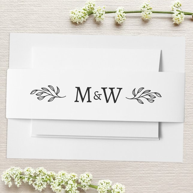 Bandeau De Faire-part Mariage Couple Monogramme Élégant Botanique (Modern wedding couple initials monogram with botanical leaf sprig belly band)