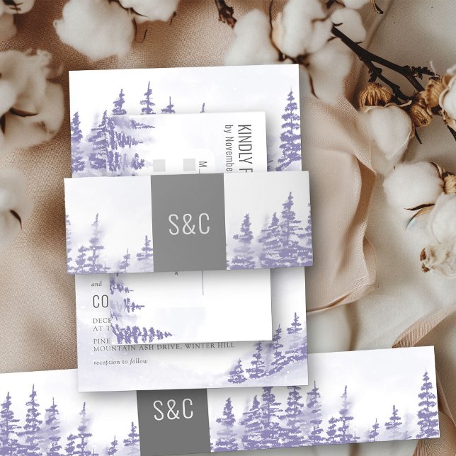 Bandeau De Faire-part Mariage de la forêt d'hiver de la lavande monogram (Wedding invitation belly bands from my Winter Forest Lavender Wedding Collection)