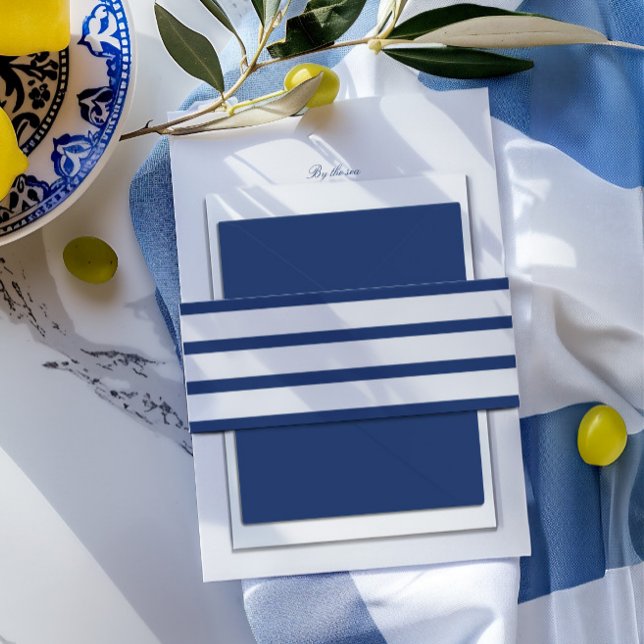 Bandeau De Faire-part Mariage de style Côte Italienne Bleu & Blanc (Blue & White Italian Coast Style Wedding Invitation Belly Band)