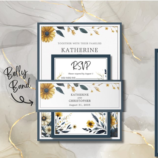 Bandeau De Faire-part Mariage élégant Fleur sauvage jaune bleu (Blue Gold Floral Wedding Belly Band to organize your wedding invitation package.)