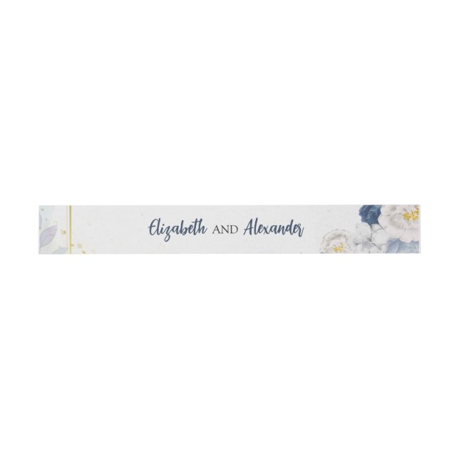 Bandeau De Faire-part Mariage Fleurie Or Bleu Poussiéreux (Plat)