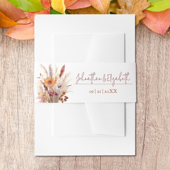 Bandeau De Faire-part Mariage floral Boho d'automne | Blanc (Autumn Boho Floral White Wedding Invitation Belly Band)