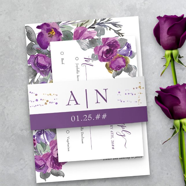 Bandeau De Faire-part Mariage Monogramme simple violet et or Confetti (Purple monogrammed wedding invitation belly band from my Plush Purple Wedding Collection)