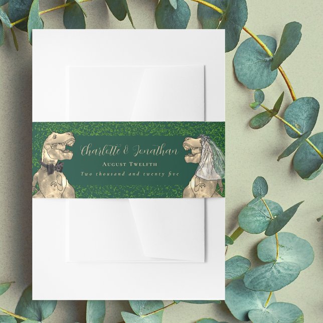 Bandeau De Faire-part Mariage sur le thème des dinosaures sur mesure (Dinosaur wedding dark green invitation custom belly bands watercolor eucalyptus foliage T-Rex dino)