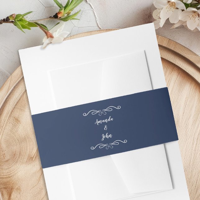 Bandeau De Faire-part Mariages élégants Calligraphie romantique Marine B (Elegant Weddings Romantic Calligraphy Navy Blue Invitation Belly Band)