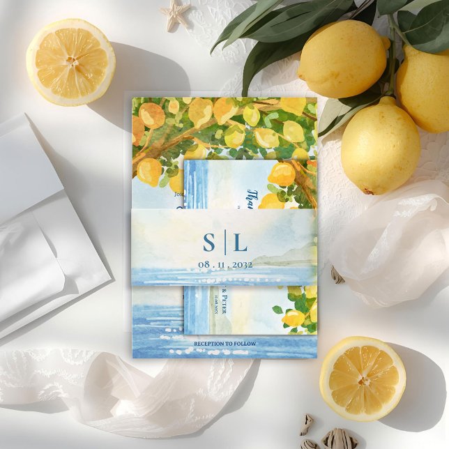 Bandeau De Faire-part Mediterranean Coastal Monogram Wedding (Mediterranean Coastal Monogram Wedding Invitation Belly Band)