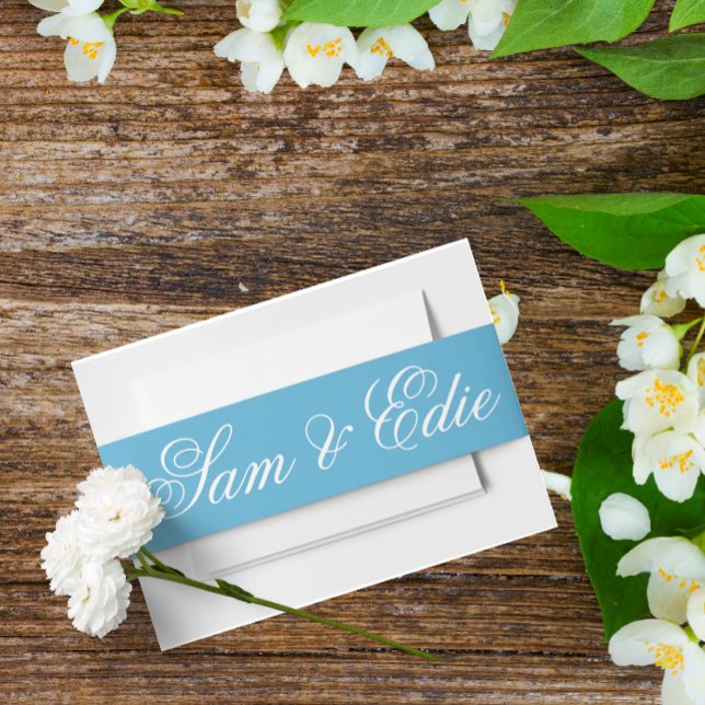 Bandeau De Faire-part Mini-Mariage bleu Toile Monogramme Nom Script (Créateur téléchargé)