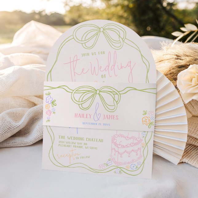 Bandeau De Faire-part Modern quirky hand drawn bow PASTEL retro wedding (Modern quirky hand drawn arch colorful green pastel bow frame ivory wedding invitation belly band)