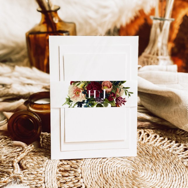 Bandeau De Faire-part Monogram Moody Burgundy Bijou Floral Mariage (Créateur téléchargé)