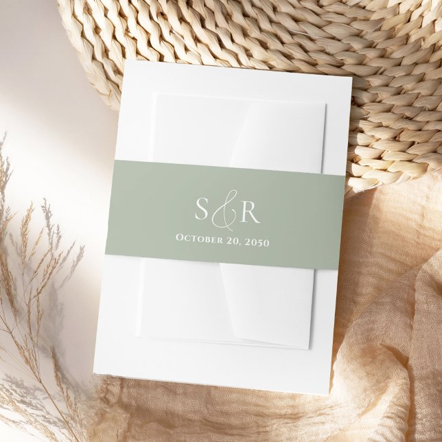 Bandeau De Faire-part Monogramme simple de mariage vert élégant (Elegant sage green monogram invitation belly band. )