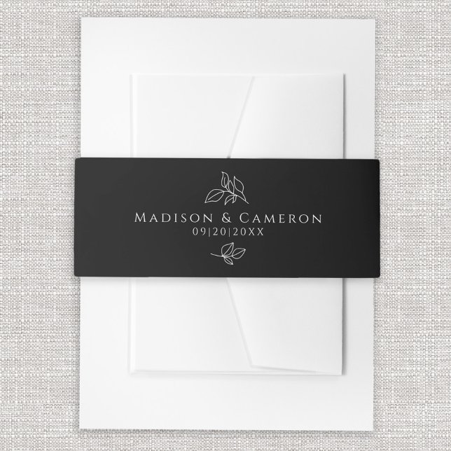 Bandeau De Faire-part Noir & Blanc Elégant Mariage Feuilles botaniques (Black & White Elegant Wedding Botanical Leaves Invitation Belly Band)