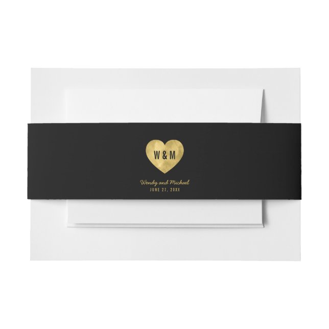 Bandeau De Faire-part Noir Monogramme Faux Gold Mariage de coeur (Devant Example)