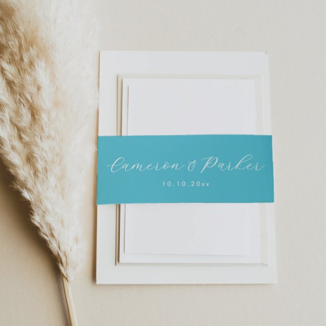 Bandeau De Faire-part Noms bleu Aqua et date du Mariage (Aqua Blue Wedding Invitation Belly Band from Concertina Press for a Beach Wedding)