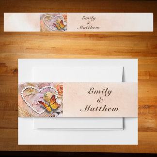 Bandeau De Faire-part Perles de Coeur, Roses Orange & Papillons Mariage